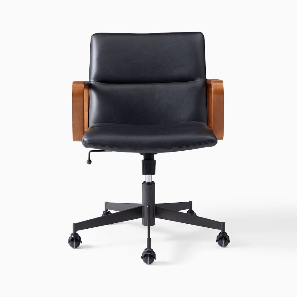 Cooper Leather Swivel Office Chair w/ Wood Arms West Elm UK